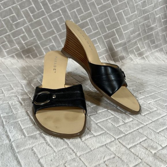 Parade Shoes - Parade Womens 7 Sandal Wedge Heels Black Leather Slip On with Silver Tone Detail